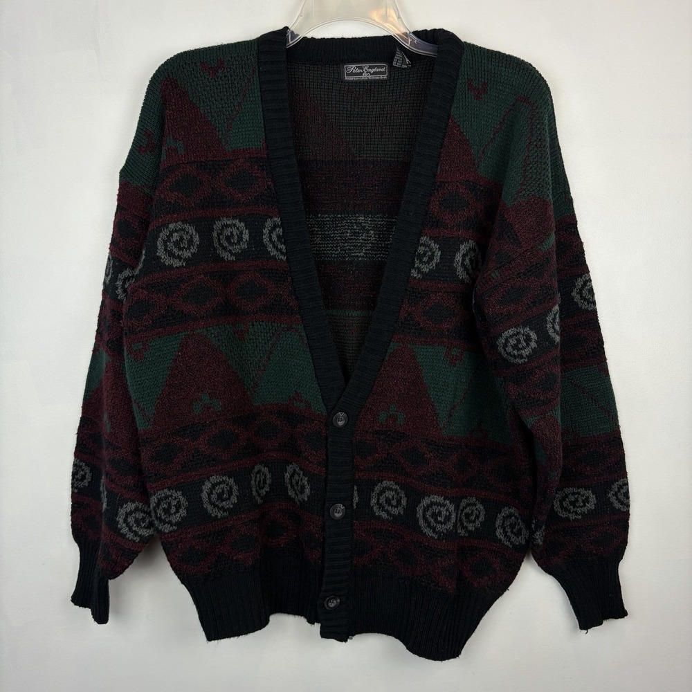 Peter England Cardigan Sweater Mens Large Geometric Grunge Academia Grandpa